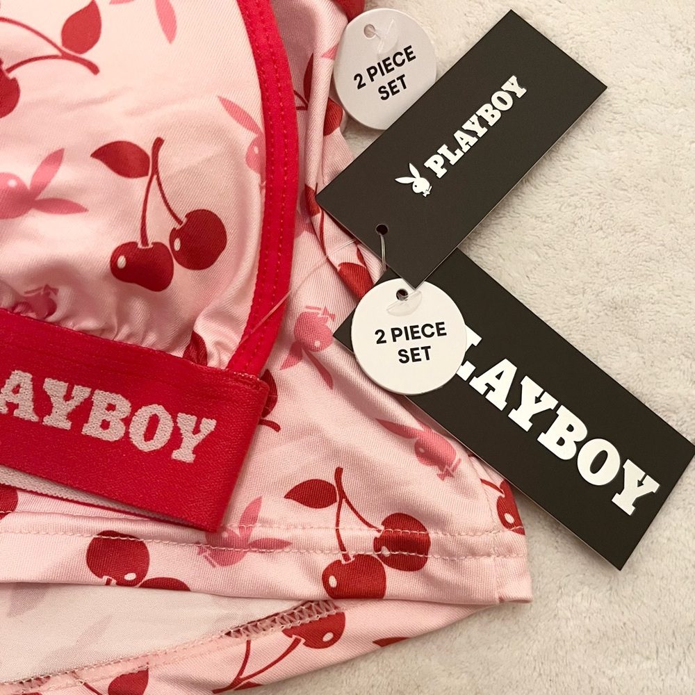 Playboy Bralette & Boyshort Set | Pink Cherry Print | Logo Elastic | Sz S - NWT - Picture 4 of 4